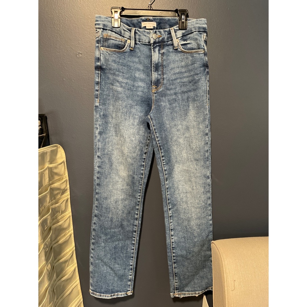 Good American Good Legs Straight Jeans Size 6/28 Indigo205 High Rise Raw Hem